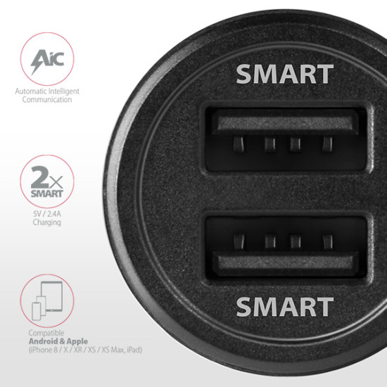 Autós töltő Axagon PWC-5V5 USB Type-A 2 port SmartCharge 24W Fekete Autós töltő Axagon PWC-5V5 USB Type-A 2 port SmartCharge 24W Fekete