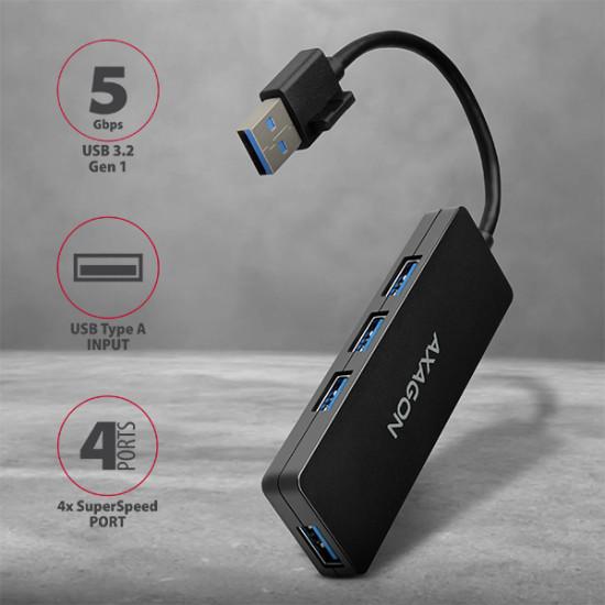 HUB AXAGON HUE-G1A Superspeed USB-A Slim Hub, 4x USB 3.0 - 15cm, fekete HUB AXAGON HUE-G1A Superspeed USB-A Slim Hub, 4x USB 3.0 - 15cm, fekete