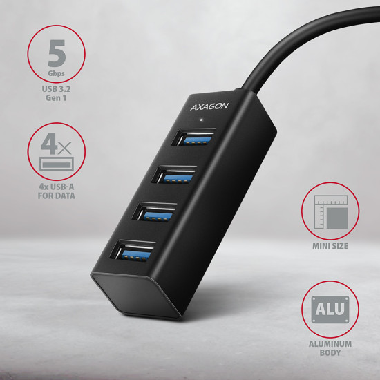 HUB AXAGON HUE-M1AL Mini USB-A-Hub,4x USB-A 3.2 Gen 1, silber - 1,2m HUB AXAGON HUE-M1AL Mini USB-A-Hub,4x USB-A 3.2 Gen 1, silber - 1,2m