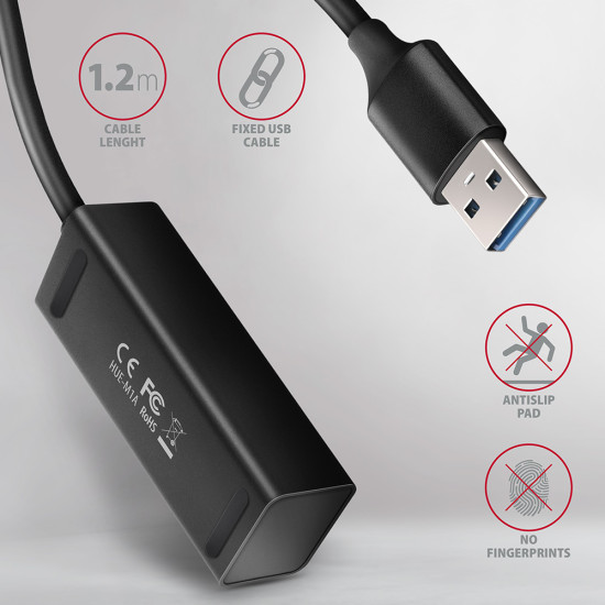 HUB AXAGON HUE-M1AL Mini USB-A-Hub,4x USB-A 3.2 Gen 1, silber - 1,2m HUB AXAGON HUE-M1AL Mini USB-A-Hub,4x USB-A 3.2 Gen 1, silber - 1,2m