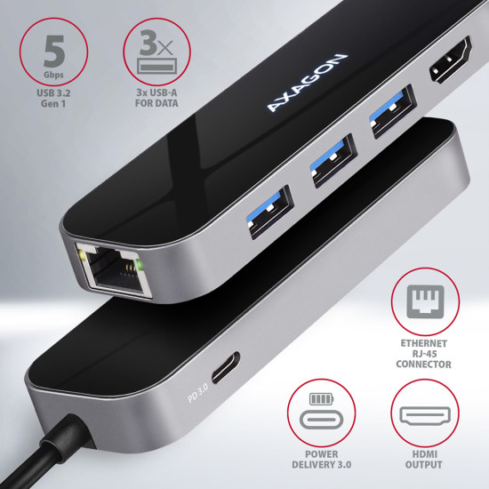 HUB AXAGON HMC-6GL USB-Hub, 3x USB-3.0, 1x RJ-45, 1x HDMI HUB AXAGON HMC-6GL USB-Hub, 3x USB-3.0, 1x RJ-45, 1x HDMI